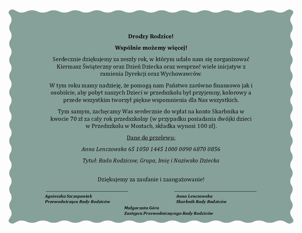 Zaproszenie do Wpłat na Radę Rodziców